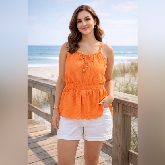 Torrid 3X Peach Eyelet Embroidered Peplum Tank | Adjustable Straps Boho Summer - Picture 3 of 13